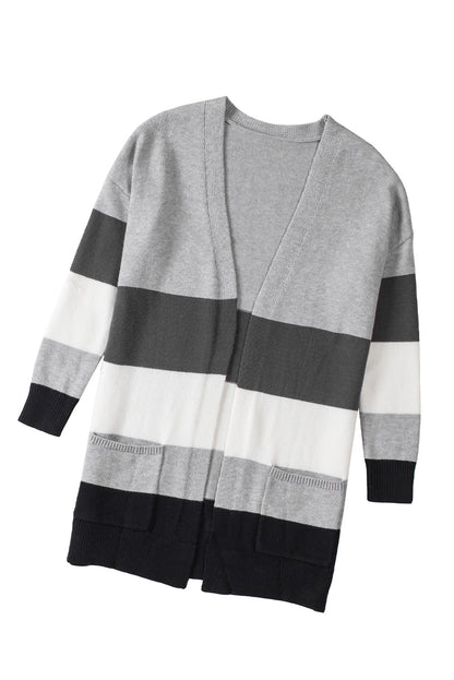 Colorblock Open Front Pocketed Cardigan