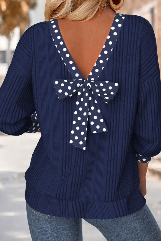 Polka Dot Patchwork Bow Tie V-Neck Top