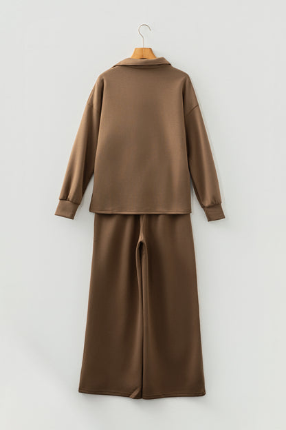 Solid V-Neck Top and High Waist Pants Set