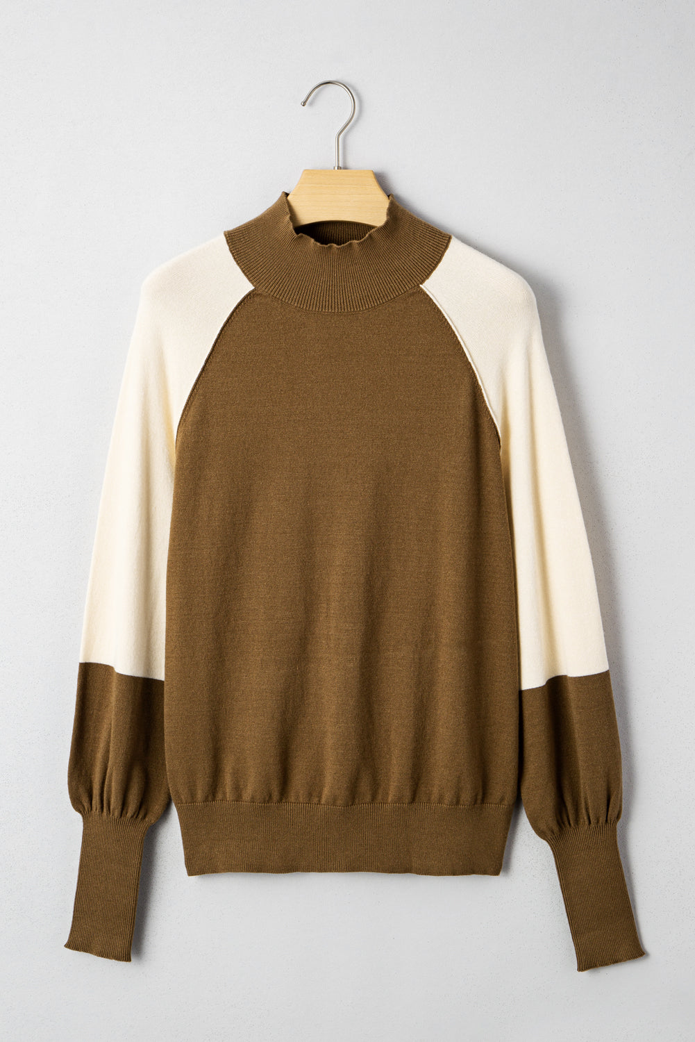 Colorblock Raglan Puff Sleeve Mock Neck Sweater