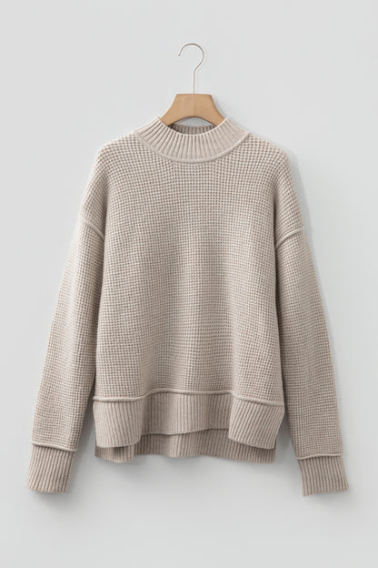 Waffle Knit Ribbed High Neck Drop Shoulder Sweater