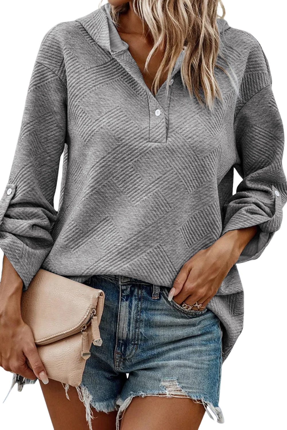 Geometric Textured Tab Sleeve Hoodie