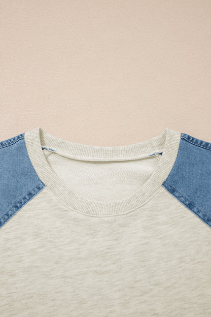 Colorblock Denim Patchwork Raglan Sleeve Tee