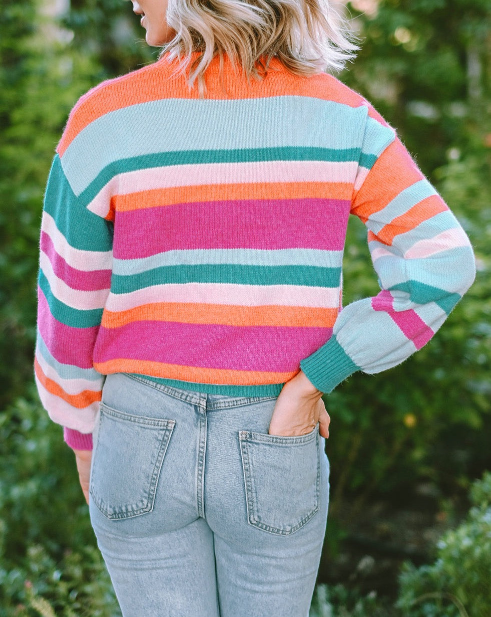 Multicolor Stripe Puff Sleeve Sweater