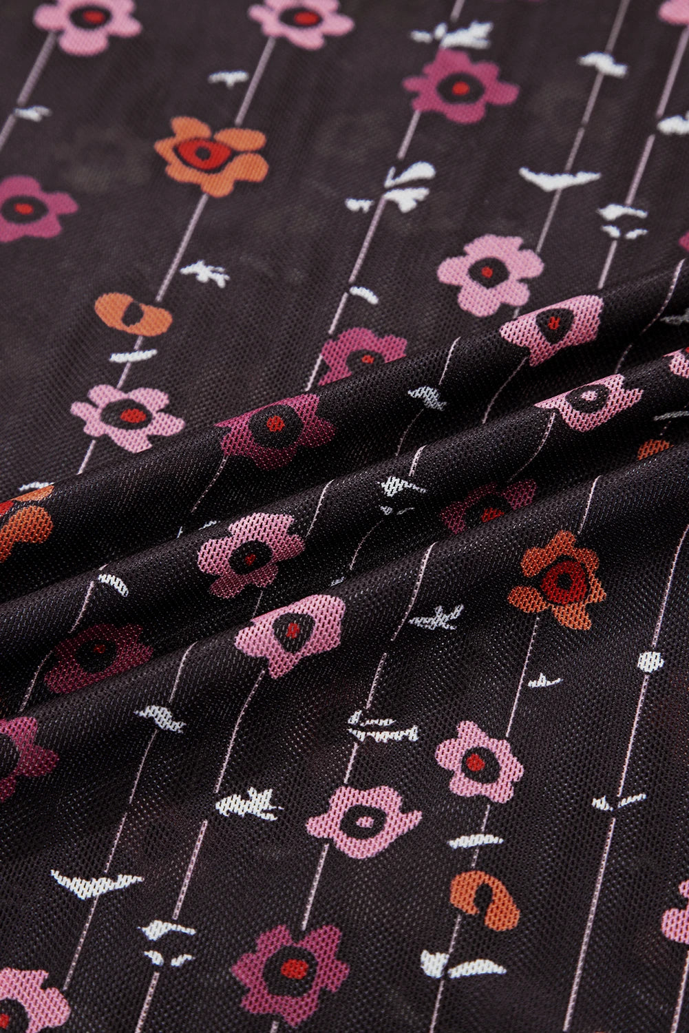 Floral Smock Cuff Mesh Slim Fit Bodysuit