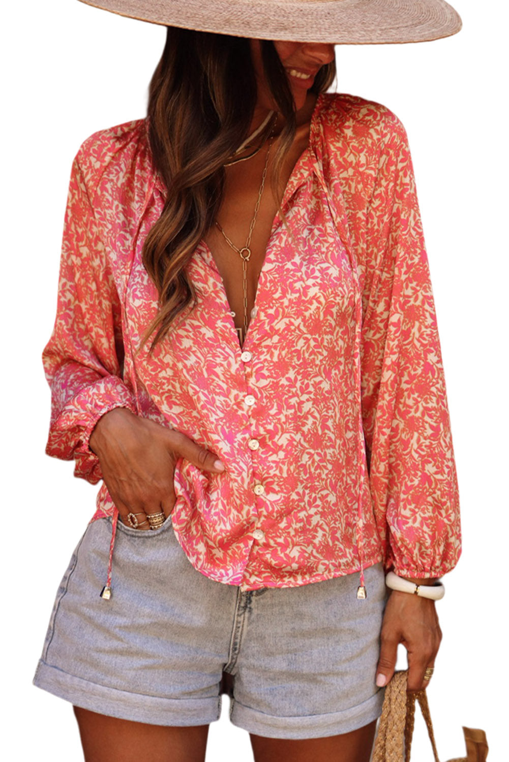 Floral Bubble Sleeve Buttoned Shirt