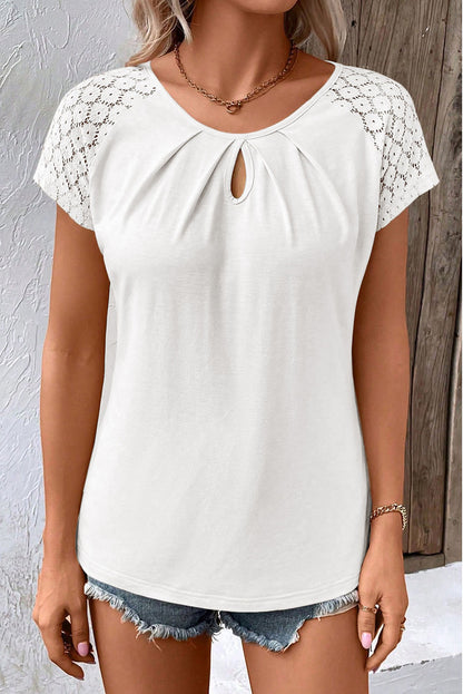 Contrast Lace Sleeve Keyhole Top