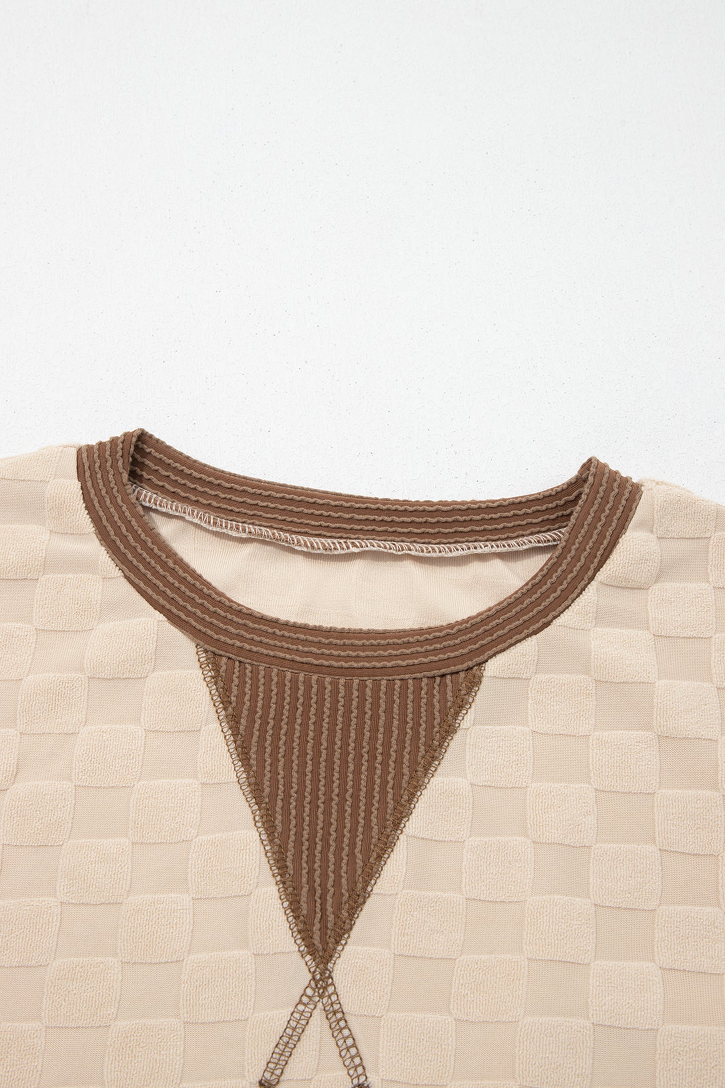Checker Corded Knit Contrast Trim Long Sleeve Top