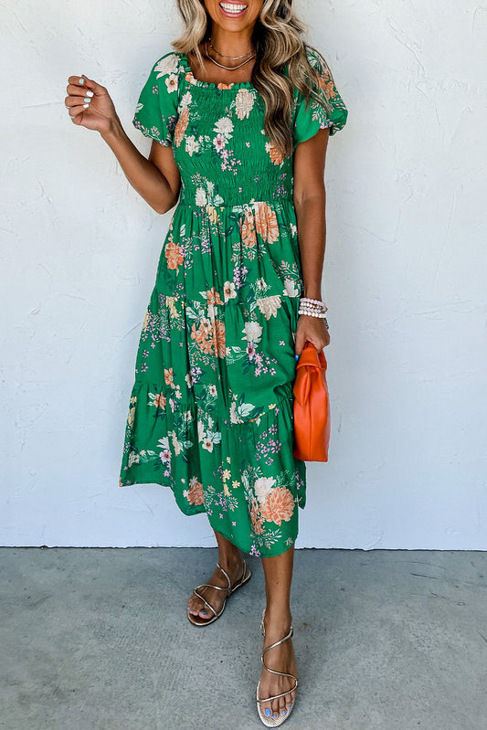 Floral Smocked Tiered Midi Dress