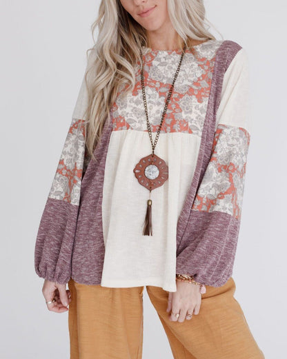 Floral Colorblock Bubble Sleeve Top