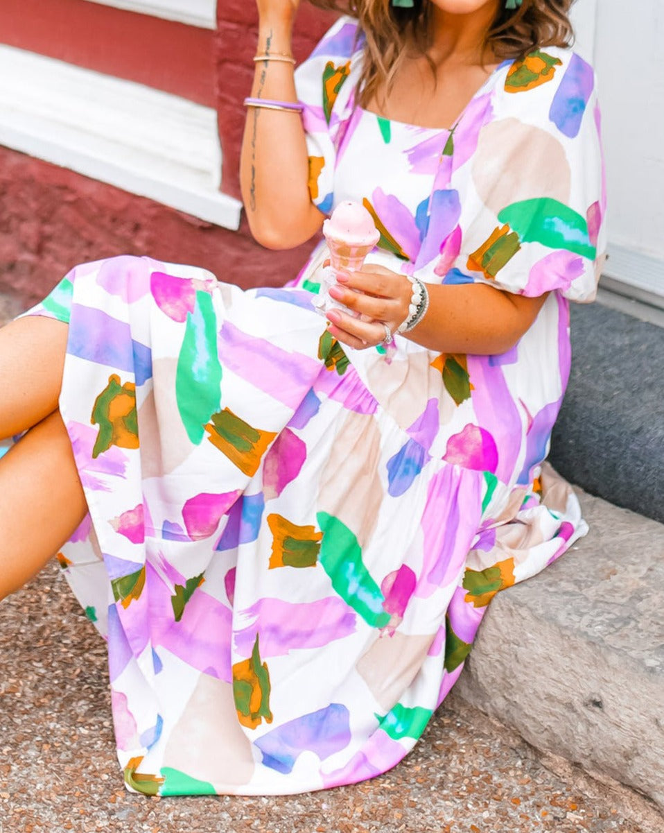 Abstract Puff Sleeve Midi Dress