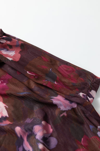 Floral Mesh Turtleneck Long Sleeve Ruched Top