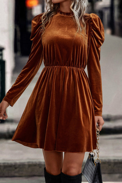 Velvet Ruched Puff Sleeve Dress