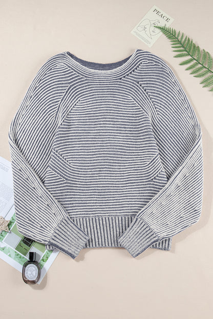 Stripe Ribbed Knit Boat Neck Sweater