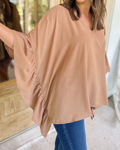 Ruffle Batwing Sleeve V-Neck Blouse Plus Size