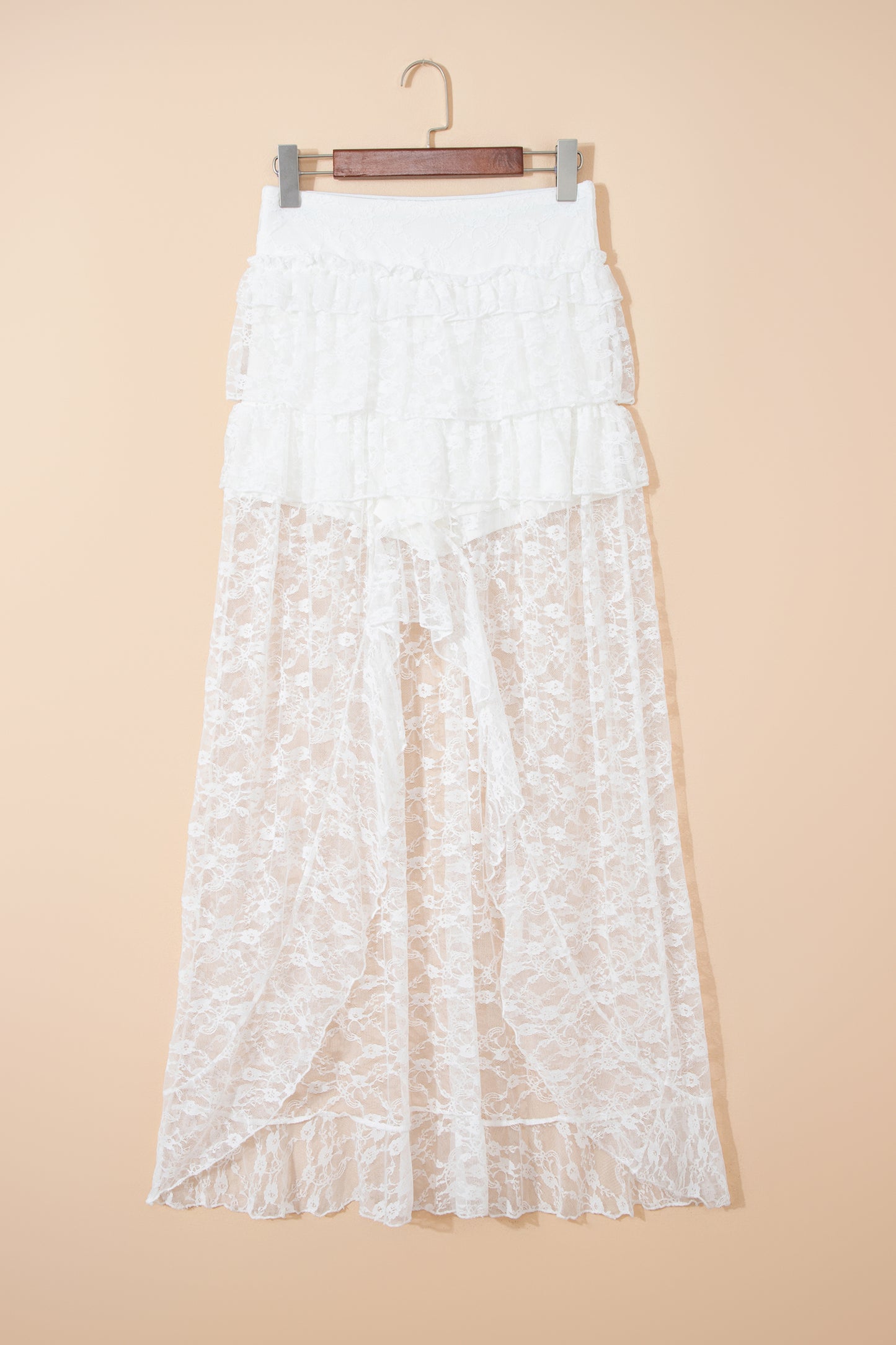 Sheer Lace Ruffle Tiered High-Low Skirt