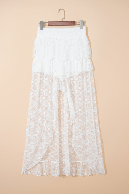 Sheer Lace Ruffle Tiered High-Low Skirt