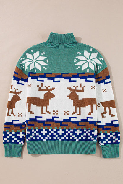 Reindeer Colorblock Turtleneck Christmas Sweater