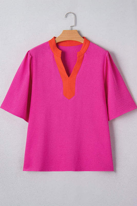 Colorblock Contrast V-Neck Wide Short Sleeve Top