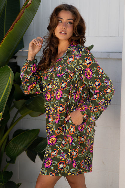 Floral Split Neck Bubble Sleeve Shift Mini Dress