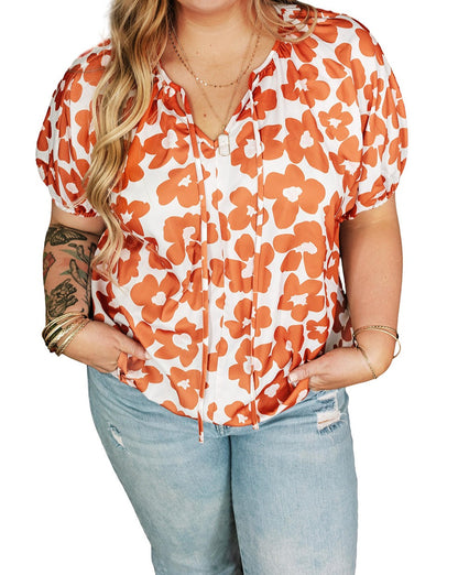 Floral Puff Sleeve V-Neck Blouse Plus Size