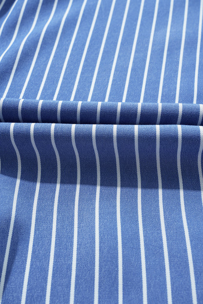 Stripe Frilly Neck Shirred Ruffle Sleeve Mini Dress