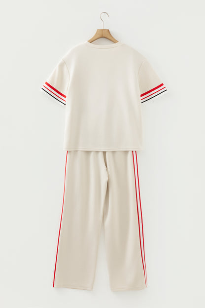 Contrast Stripe Crewneck Top & Straight Pants Set