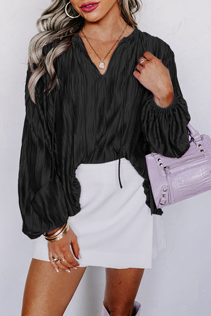 Textured Bubble Sleeve V-Neck Blouse