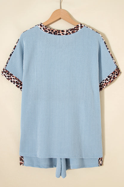 Leopard Trim Corded Knit Top & Shorts Set