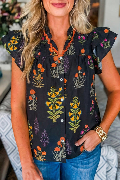 Floral Lace Trim V-Neck Frilled Short Sleeve Shirt