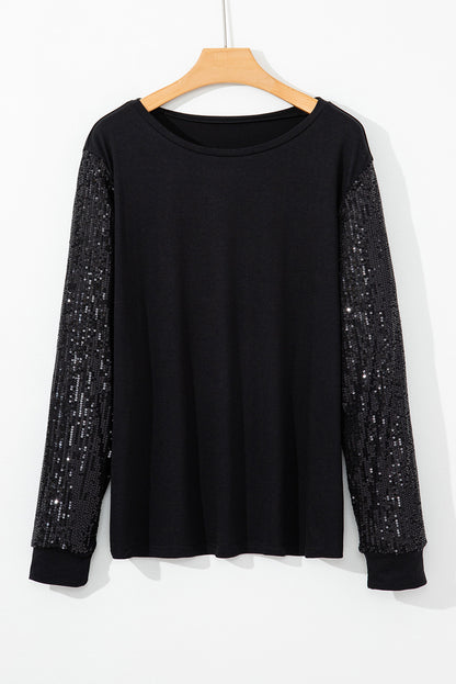 Plus Size Sequin Contrast Long Sleeve Top