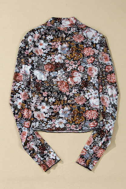 Floral Mesh High Neck Long Sleeve Blouse