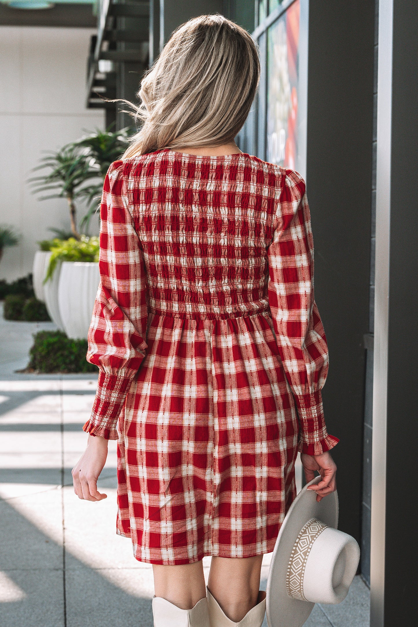 Plaid Smocked Puff Sleeve Mini Dress
