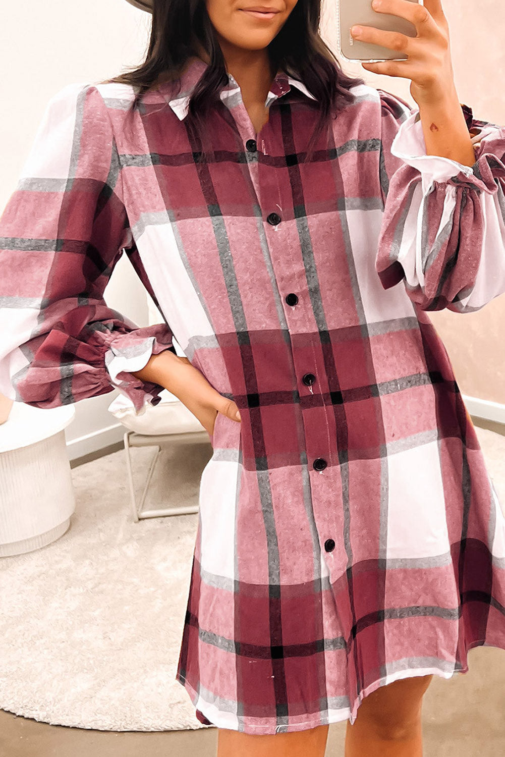 Plaid Puff Sleeve Shirt Dress