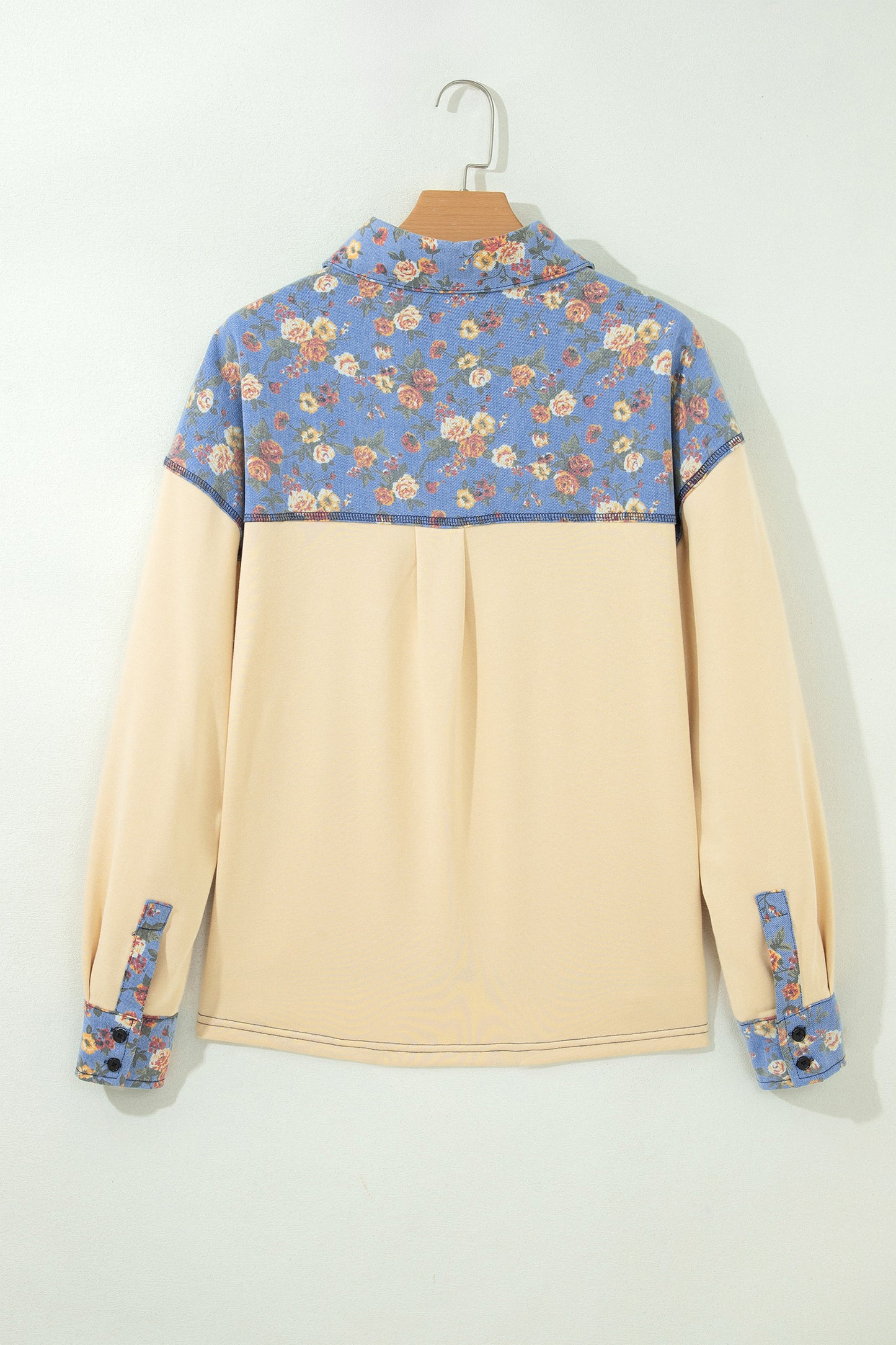Floral Denim Patchwork Collared V-Neck Long Sleeve Top