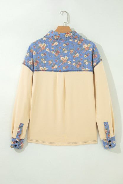 Floral Denim Patchwork Collared V-Neck Long Sleeve Top