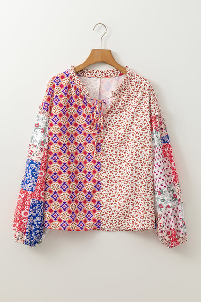 Floral Patchwork Tied V-Neck Blouse