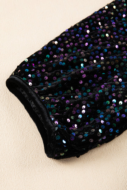 Velvet Sequin Puff Sleeve Buttoned Peplum Shirt