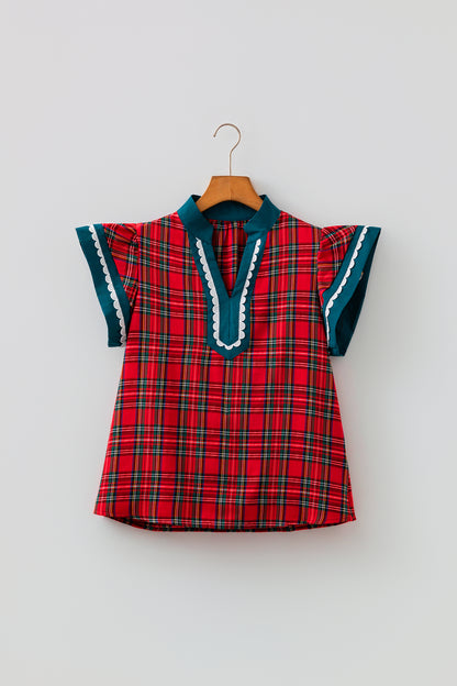 Plaid Scallop Ricrac Trim Short Sleeve V-Neck Blouse