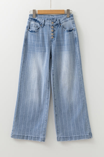 Pinstripe Denim Buttoned Wide Leg Jeans