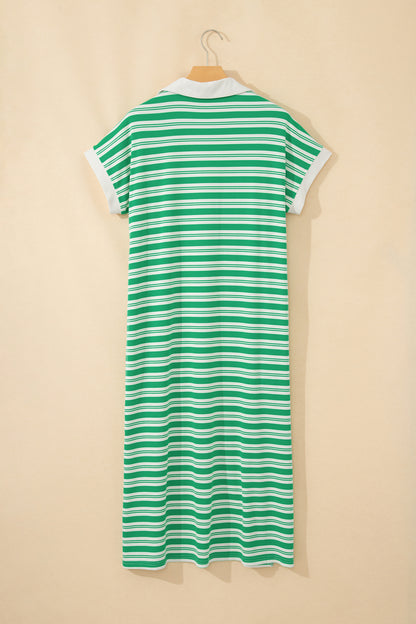 Stripe Collared V-Neck Short Sleeve Midi Dress