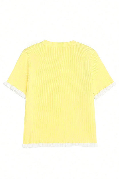 Solid Ribbed Frilled Short Sleeve Sweater Cardigan
