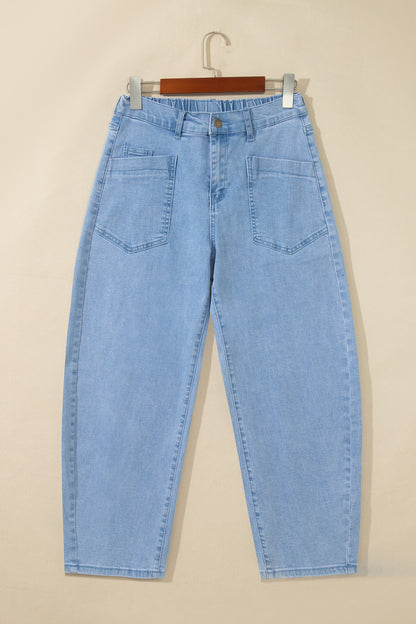 Solid Denim Square Patch Pocket Ankle Length Barrel Jeans