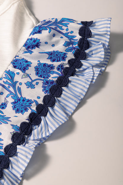 Floral Patchwork Flutter Sleeve Ricrac Trim Blouse