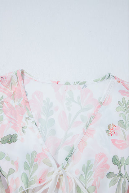 Floral Tied V-Neck Puff Sleeve Peplum Blouse