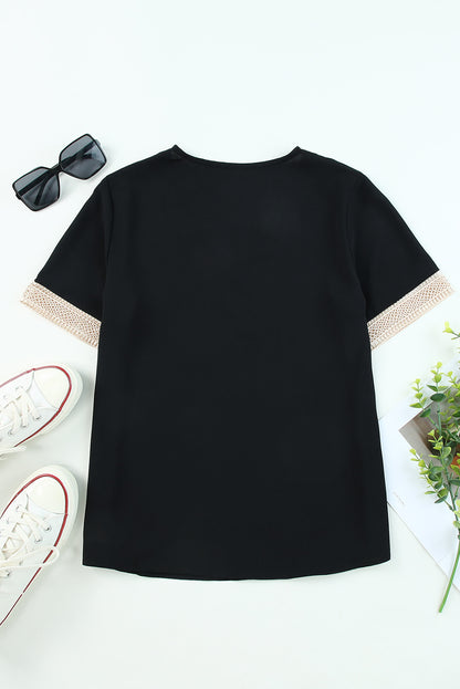 Contrast Lace Trim V-Neck Short Sleeve Blouse