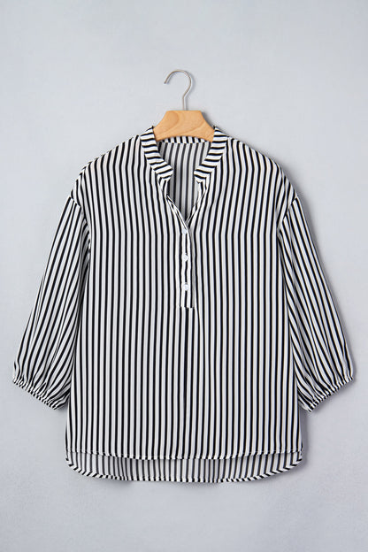 Stripe 3/4 Sleeve V-Neck Button Up Shirt