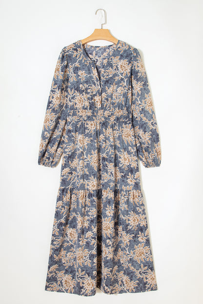 Floral Smocked High Waist Long Sleeve Dress