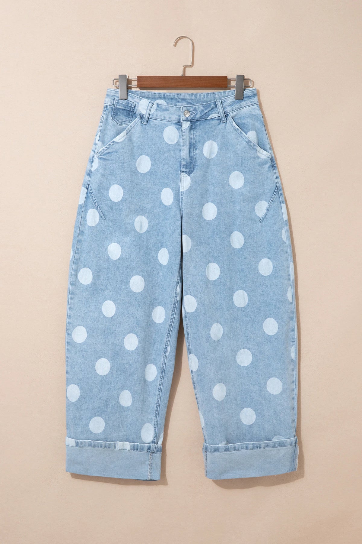 Polka Dot Denim Folded Hem High Waist Jeans