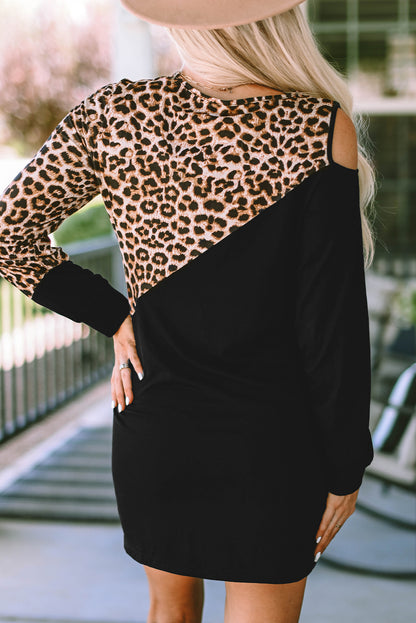 Leopard Colorblock Cold Shoulder Dress